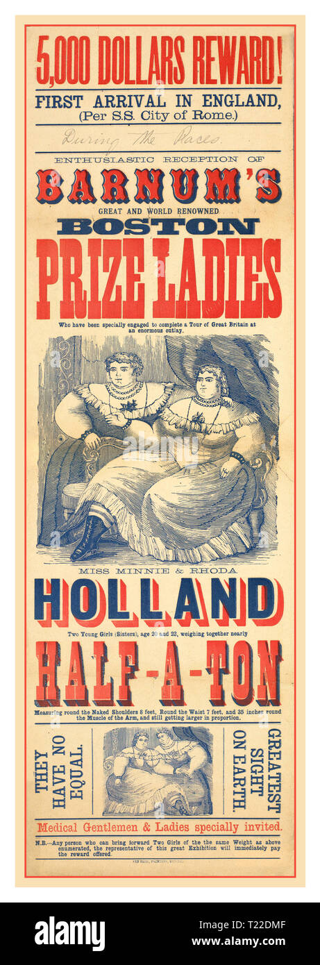 Vintage 1880's BARNUMS BOSTON PRIZE LADIES Entertainment Politically Incorrect Poster “Freak Show” Enthusiastic reception of Barnum's great and renowned Boston Prize Ladies who have been specially engaged to complete a tour of Great Britain at an enormous outlay : Miss Minnie & Rhoda Holland... Stock Photo