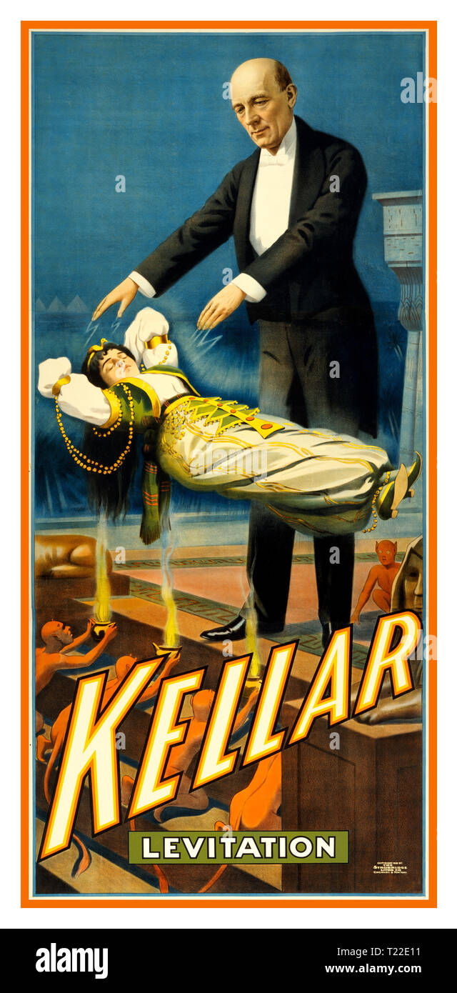 Vintage 1900's entertainment levitation poster for American magician (Harry) Kellar,   He calls for 'supernatural' help in lifting-levitating the lady. KELLAR-LEVITATION. Promotional poster for Kellar by the Strobridge Lithographing Co., Cincinnati, New York, 1900. Stock Photo
