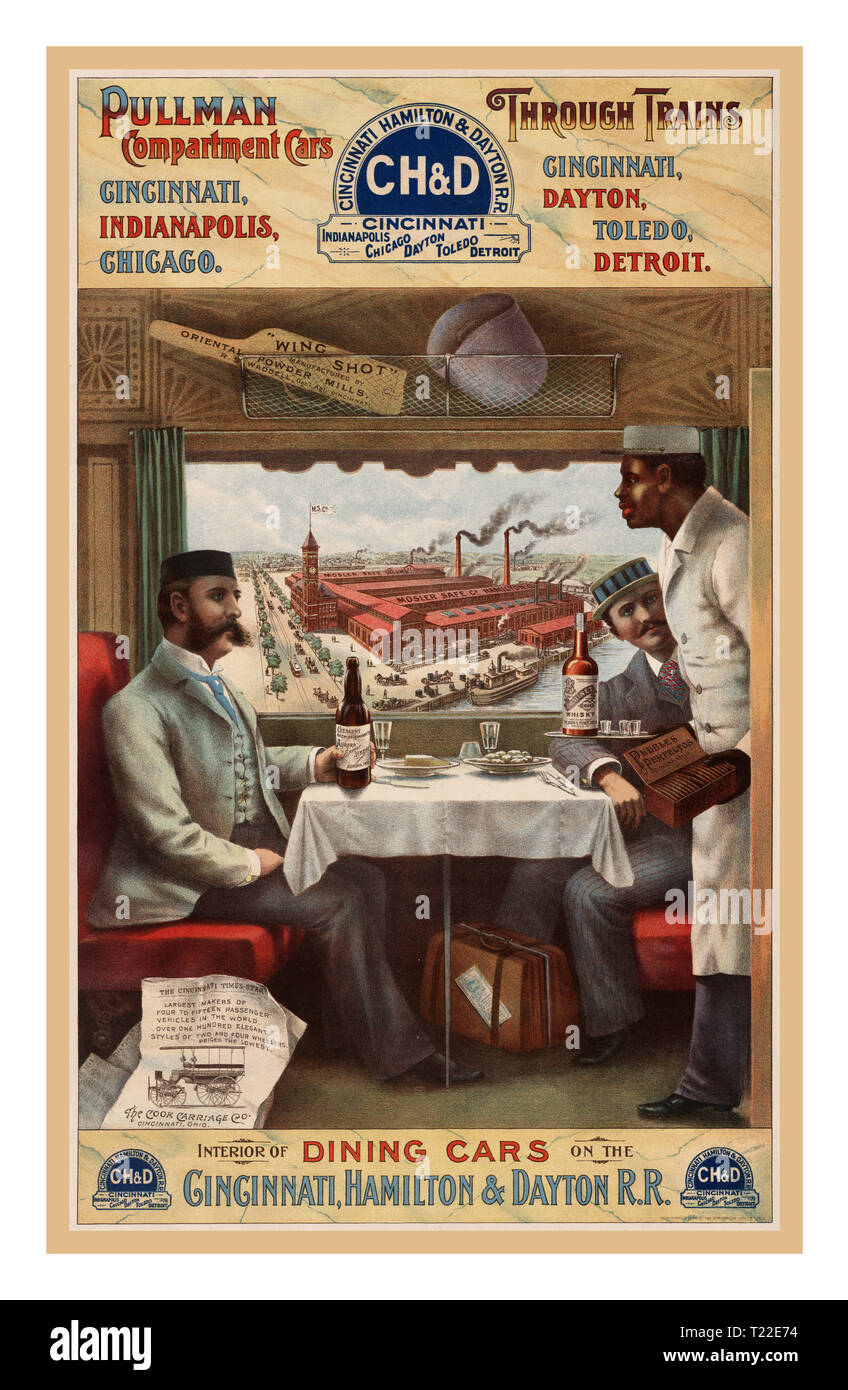 Vintage 1880's Rail Train CH&D Poster. Luxury American Pullman dining cars compartment cars, through trains. Cincinnati, Indianapolis, Chicago. Cincinnati, Dayton, Toledo, Detroit. Interior of dining cars on the Cincinnati, Hamilton & Dayton R.R. Advertising poster shows two men seated at a table in a dining car on a train being served by an African American porter. Stock Photo