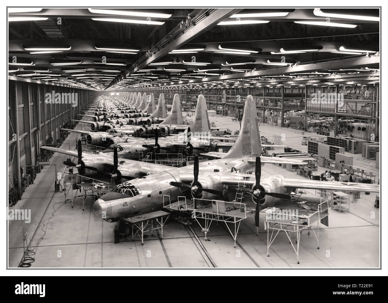 WW2 Aircraft Production Line of B-32 Bomber. Extensive impressive large scale manufacturing Aircraft Factory in Fort Worth Texas USA 1944 World War II Large scale aircraft production line USA Stock Photo