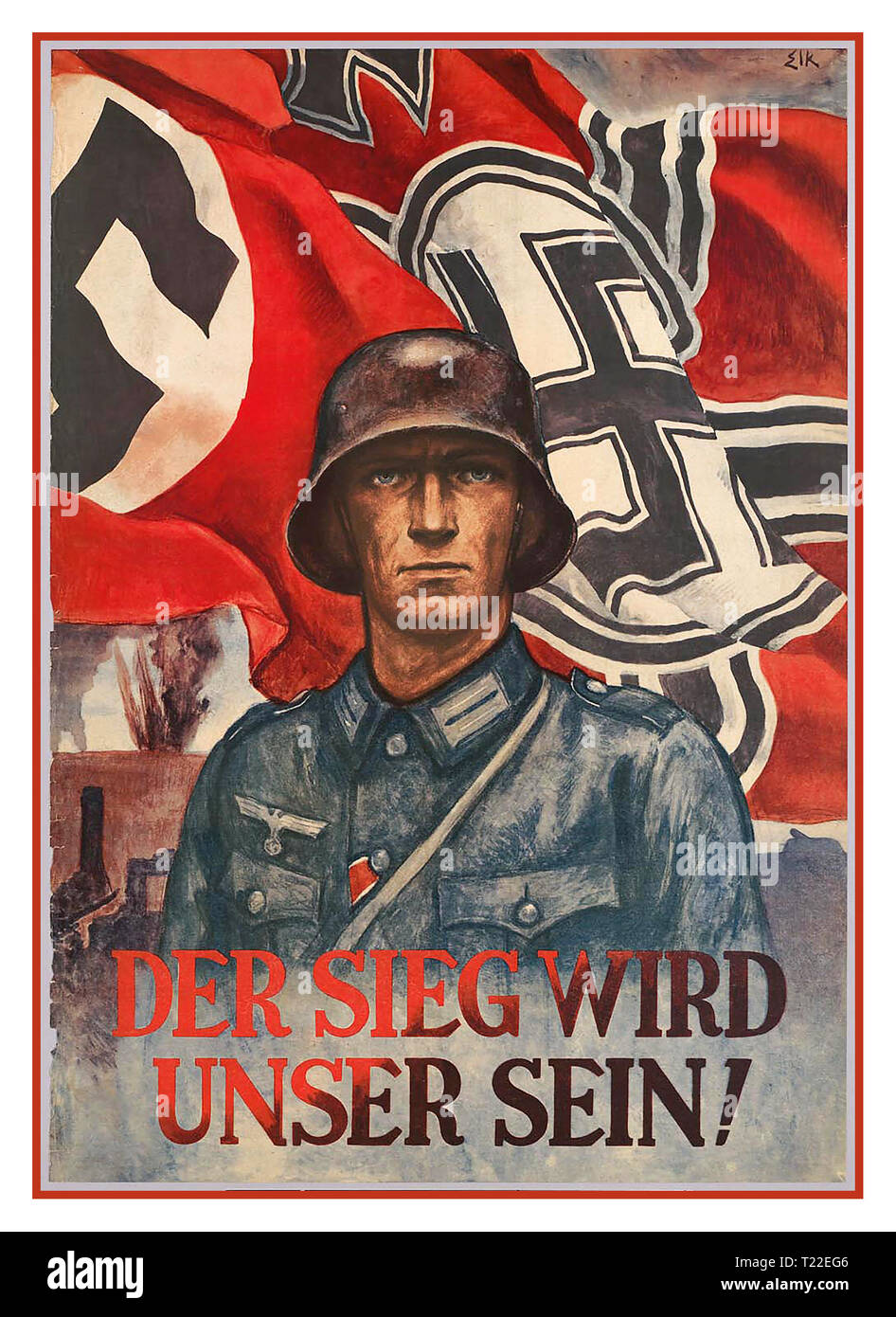 Vintage WW2 Nazi Germany 1940’s Propaganda Poster Whermacht Soldier with Nazi Swastika Flag  “The Victory Will Be Ours” 'DER SIEG WIRD UNSER SEIN!' Stock Photo