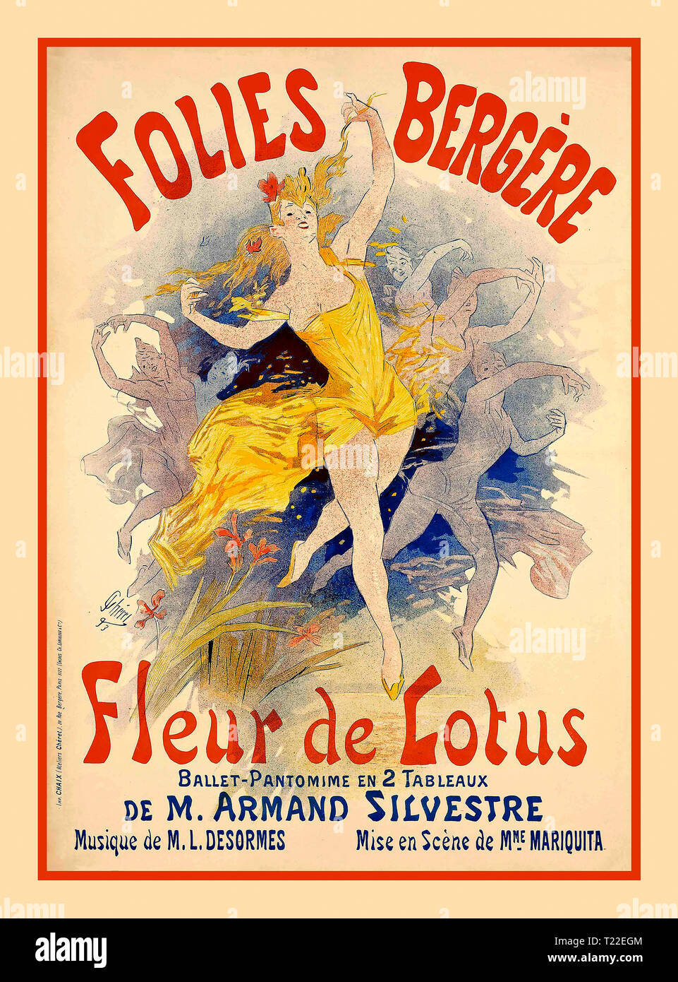 'Folies Bergère', 1890's Paris Entertainment Poster  'Folies Bergère', 'Fleur de Lotus', 1893 Art Nouveau poster for the Ballet Pantomime de M.Armand Silvestre Stock Photo