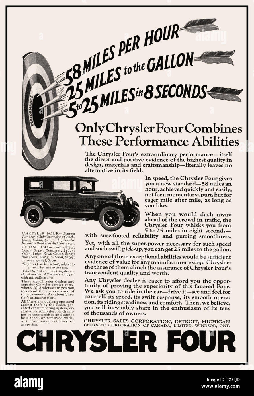 Vintage American 1925 Chrysler Four Advertisement: 58 miles per hour/ 25 miles to the gallon/ 5-25 miles in 8 seconds Michigan America USA Stock Photo