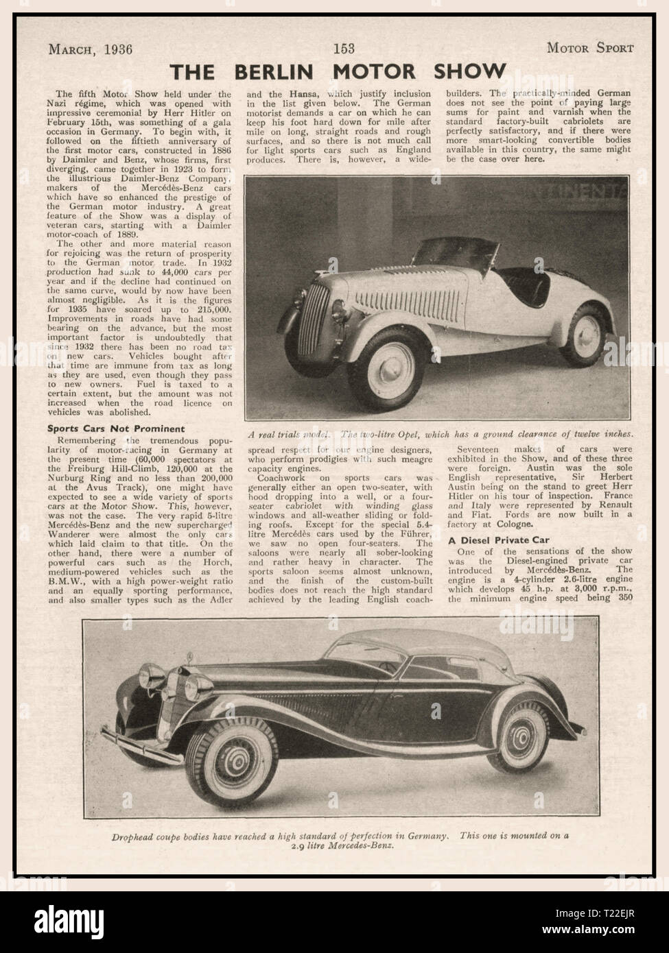 Pre War 1936 Motor Sport Magazine article on 1936 Berlin Motor Show referencing “Herr Hitler” and Mercedes Daimler Benz German Cars Stock Photo