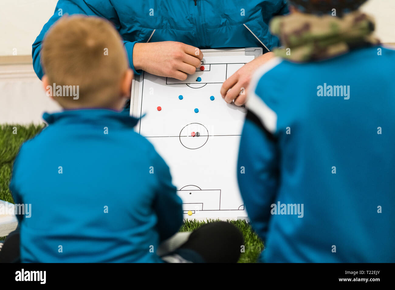 Youth Soccer Coach Coaching Children. Boys Soccer Players Listening