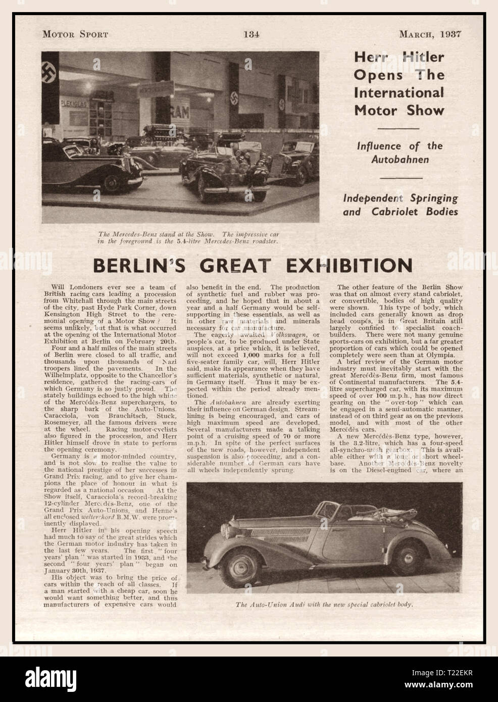 Pre War 1937 Motor Sport Magazine article on 1936 Berlin Motor Show referencing “Herr Hitler opens The International Motor Show” and Mercedes Daimler Benz German Cars Stock Photo