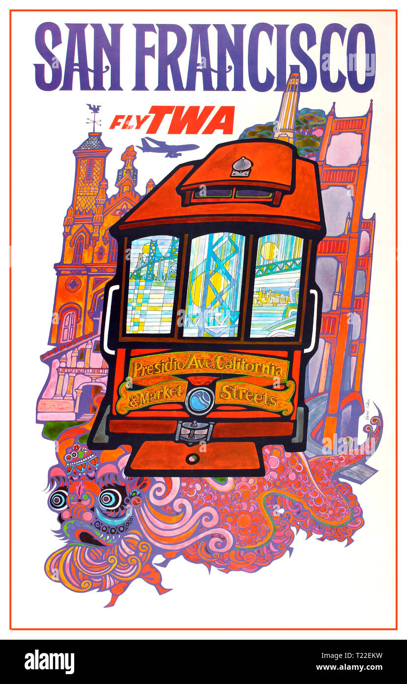 Vintage travel advertising poster for 'San Francisco Fly TWA'. Psychedelic image illustrating a San Francisco tram heading towards Presidio Ave. California & Market Streets surrounded by various landmark buildings and monuments from San Francisco city, including a church and the Golden Gate Bridge reflected in the front windows of the tram with a Chinese dragon below and plane flying overhead next to the stylised title text in blue and red letters. TWA travel advertising posters. USA Stock Photo