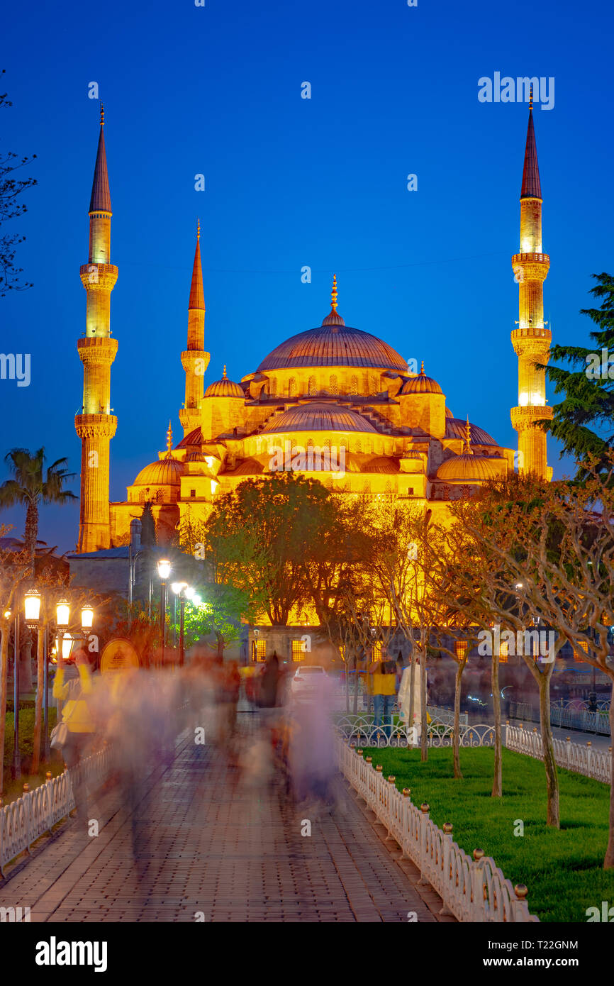 Blue Mosque at night with golden illumination, wide view of Istanbul in ...