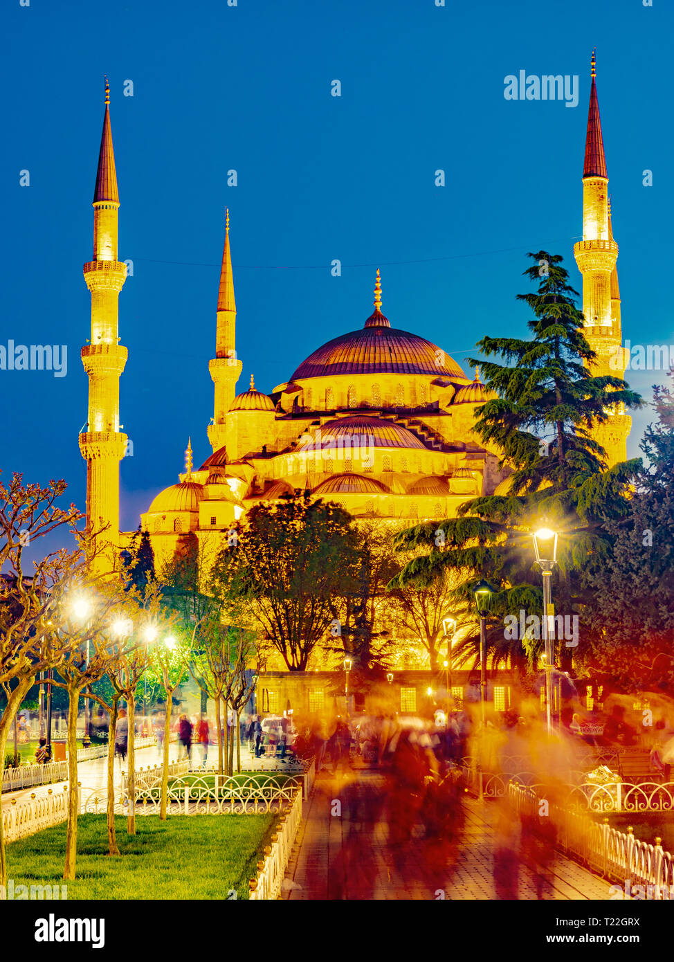 Blue Mosque at night with golden illumination, wide view of Istanbul in ...