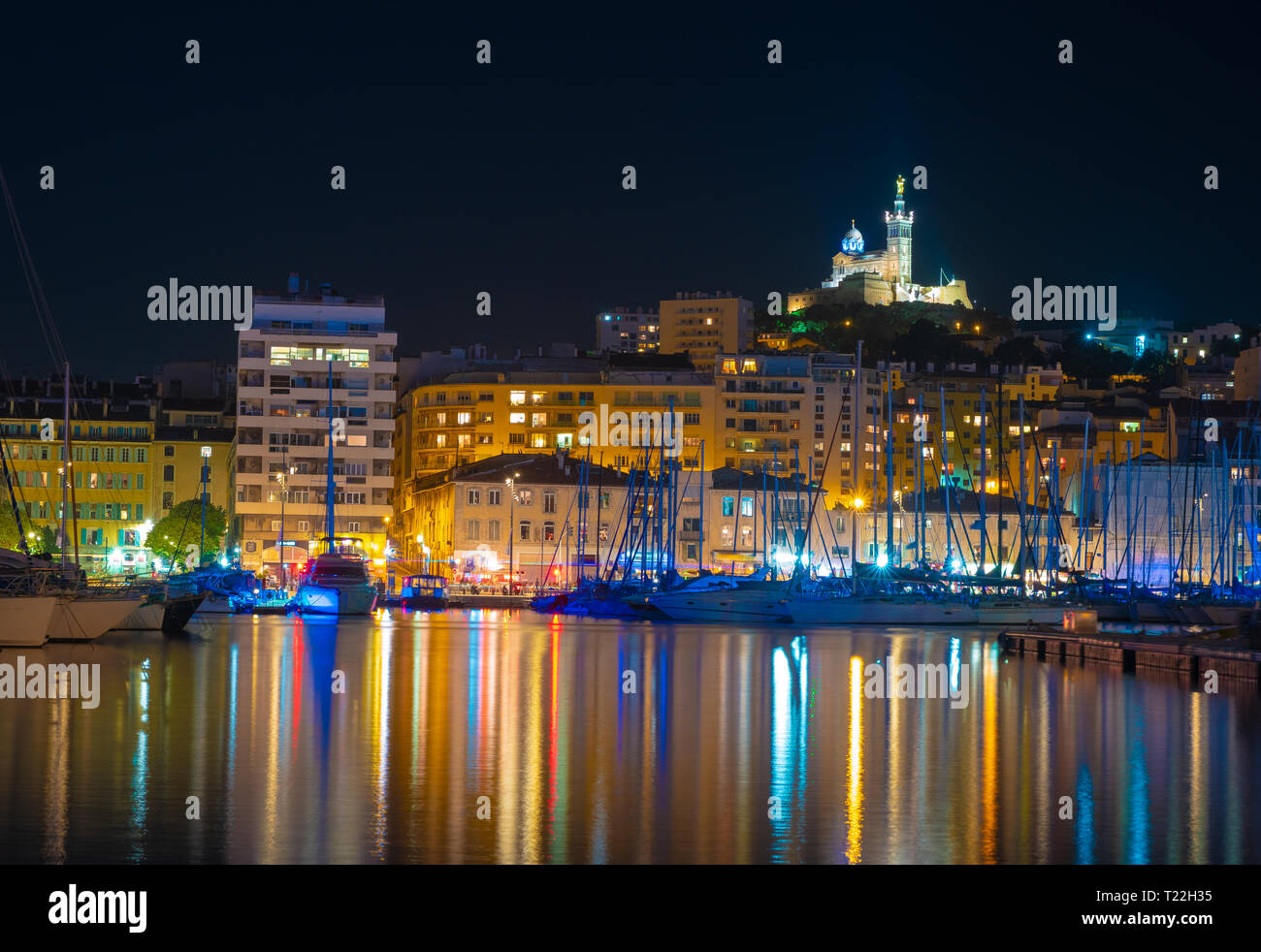 Marseille, France at night. The famous european harbour view on the ...