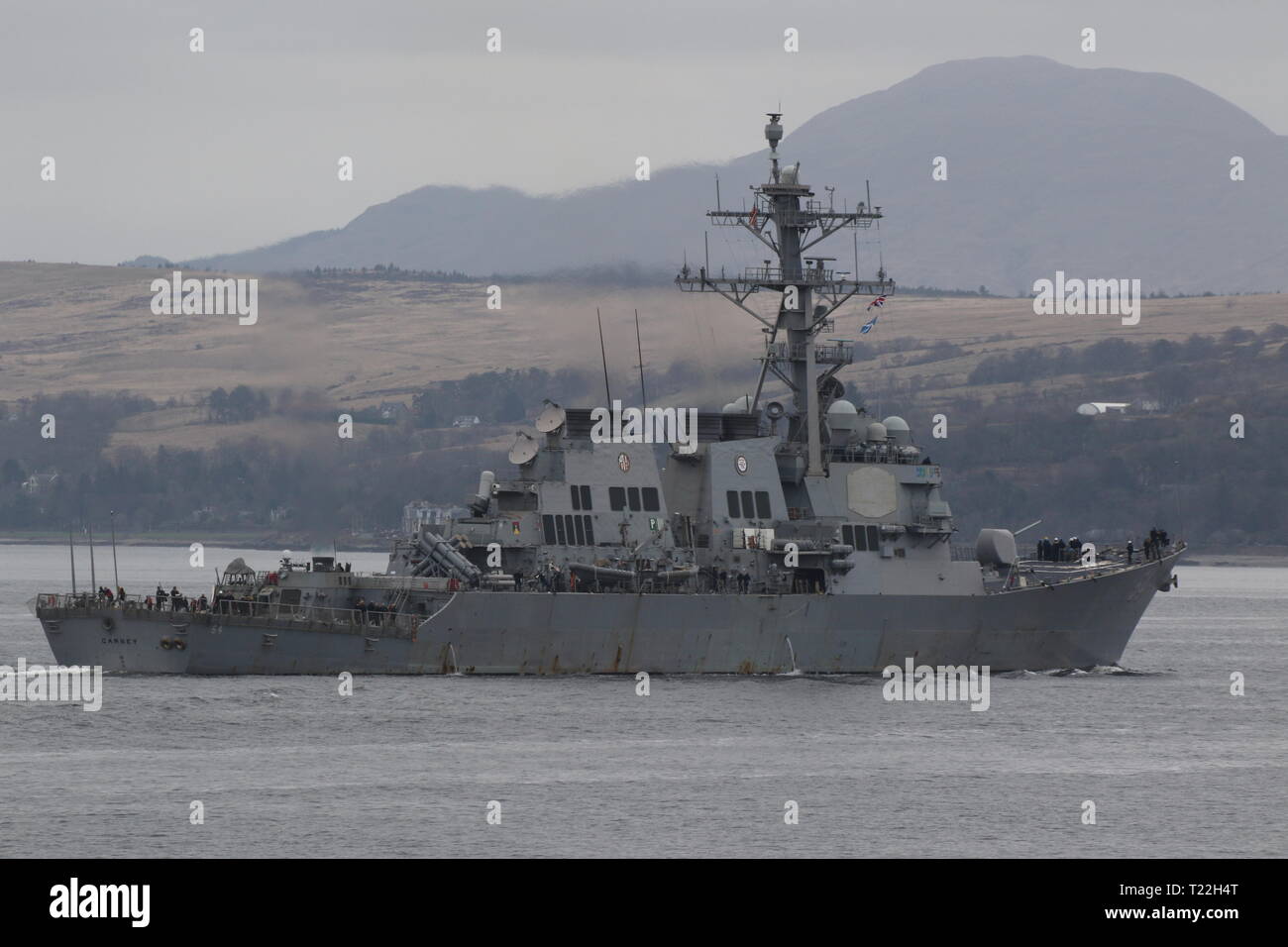 USS Carney (DDG-64), an Arleigh Burke-class destroyer (Flight I) operated  by the US Navy, passing Gourock on arrival for Exercise Joint Warrior 19-1  Stock Photo - Alamy