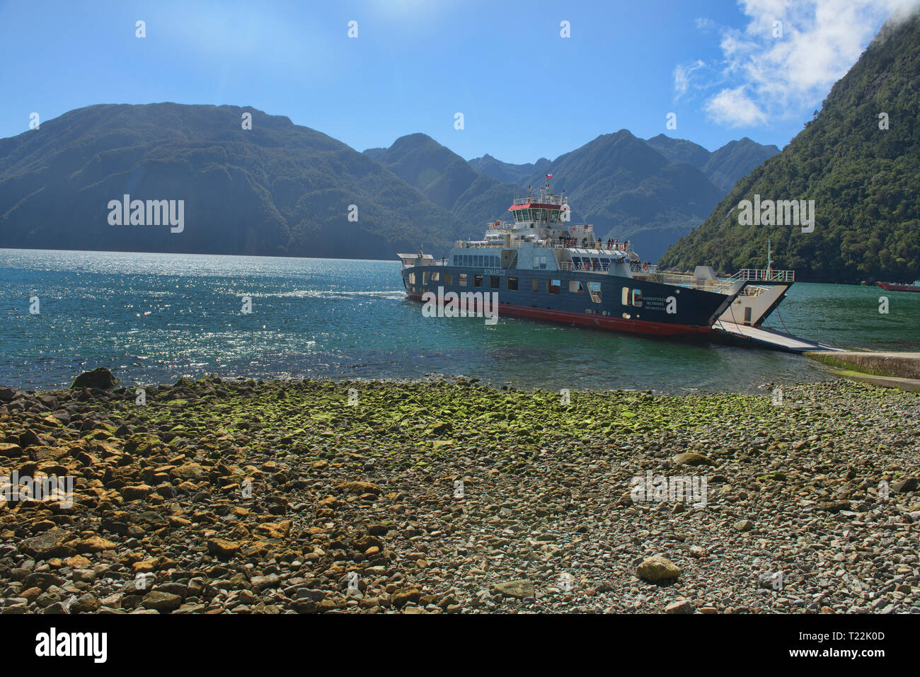 Ferry crossing in Caleta Gonzalo, Pumalin National Park, Patagonia, Region de los Lagos, Chile Stock Photo