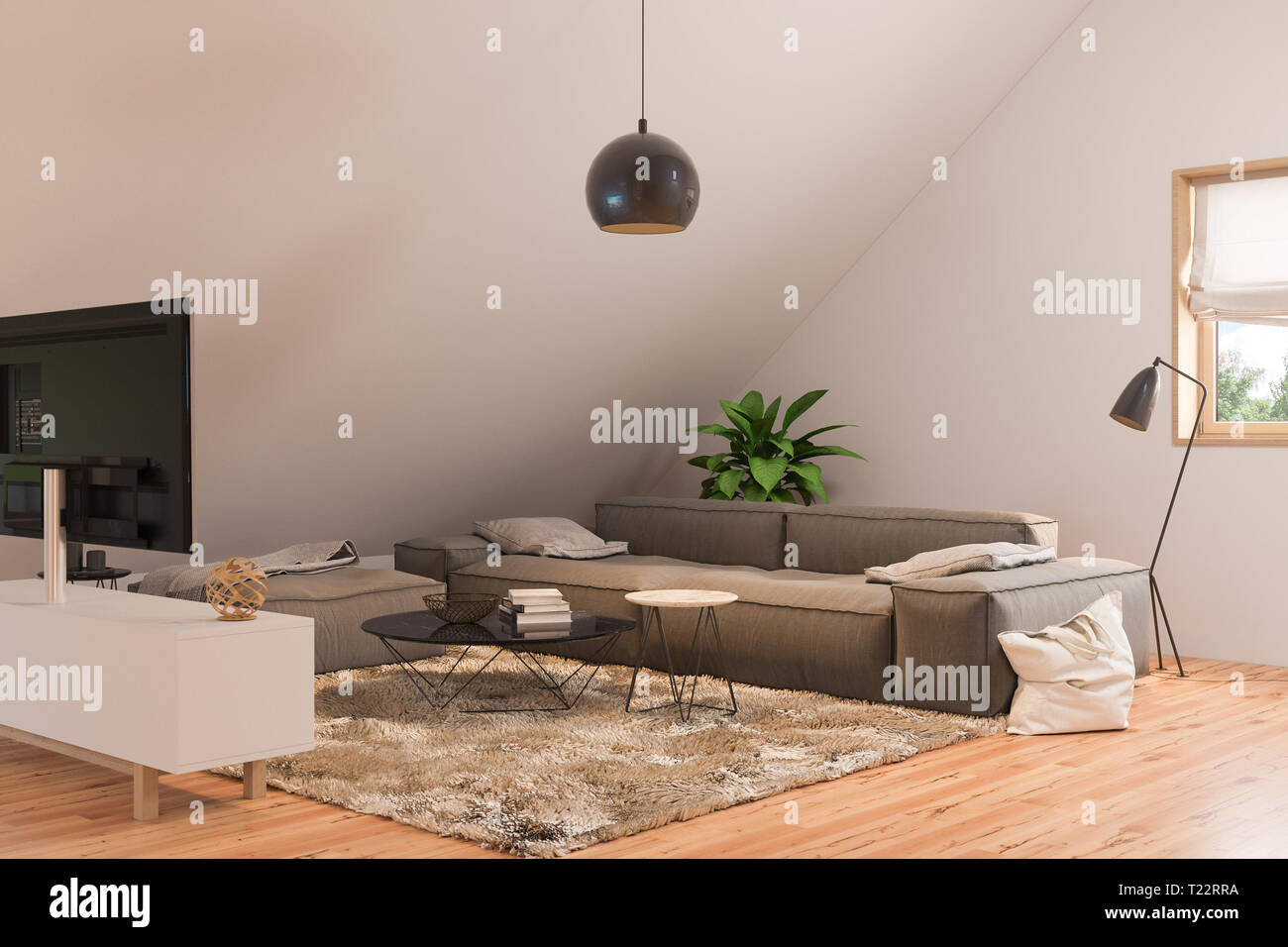 The interior design of the attic floor of a private cottage. 3d render of the interior in the Scandinavian style. Stock Photo