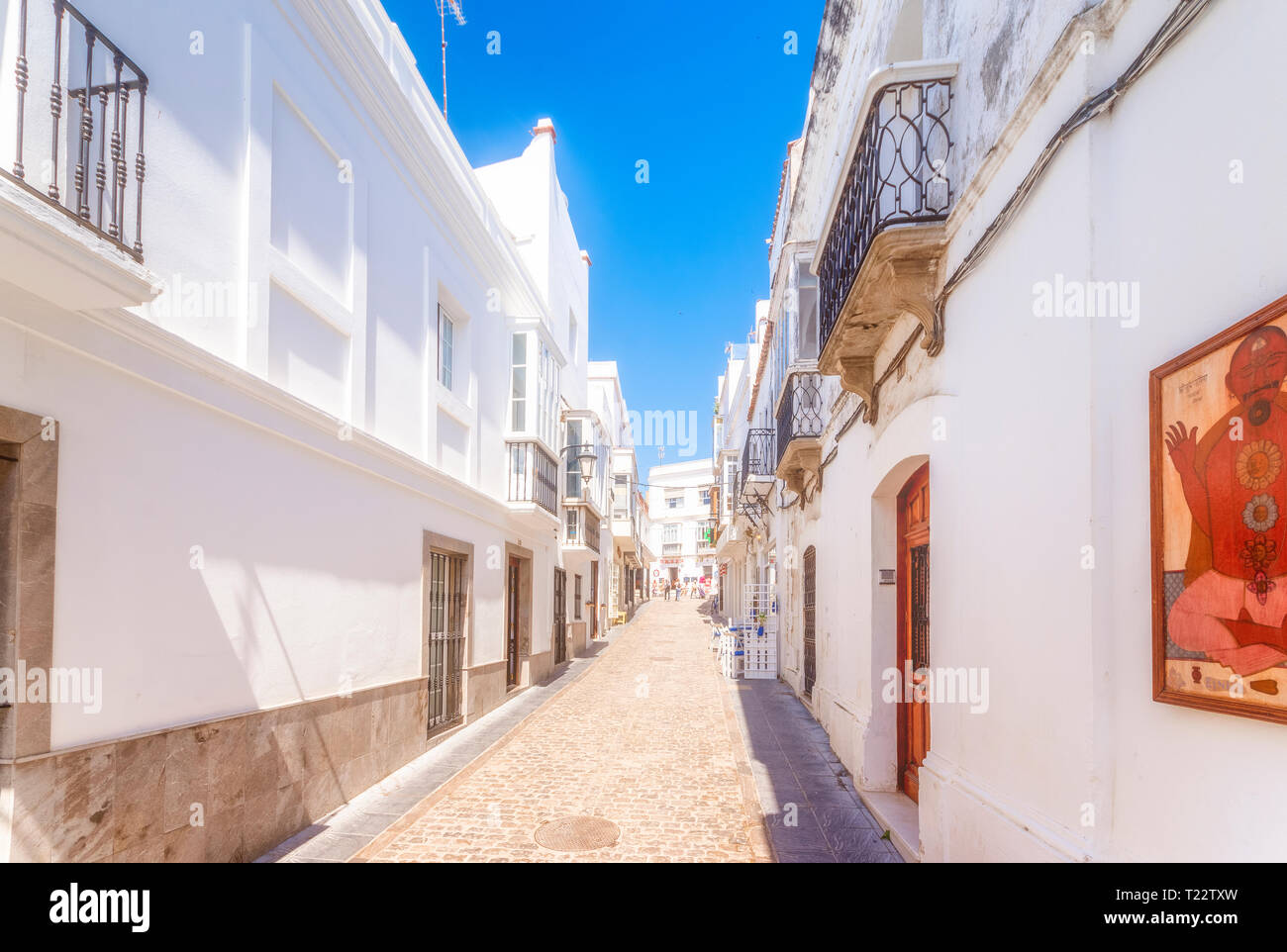 Spain, Andalucia, Tarifa, cobbled lane in old town Stock Photo