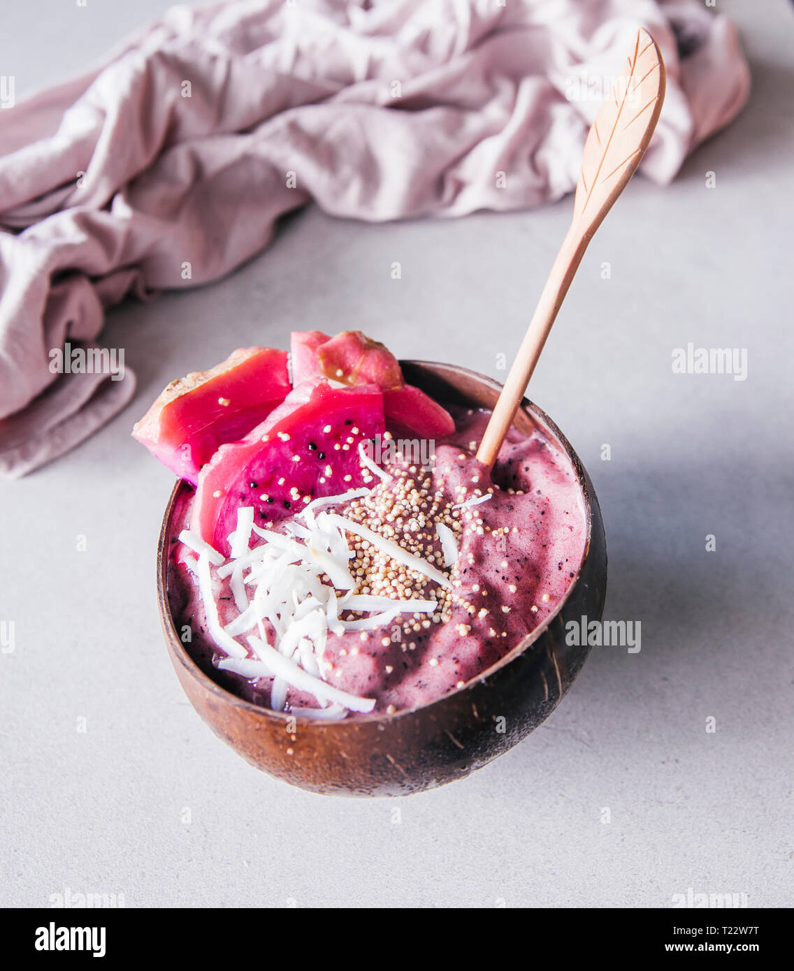 Nicecream with blueberries in coconut husk Stock Photo