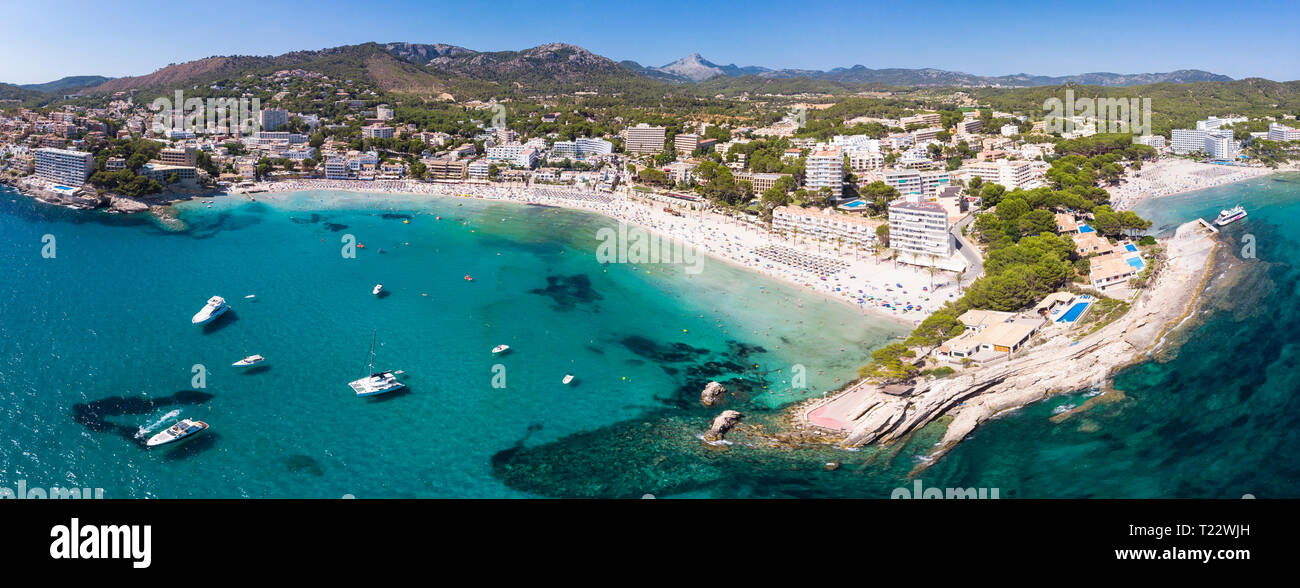 Spain, Balearic Islands, Mallorca, Region Calvia, Costa de la Calma, Peguera, Aerial view of beach with hotels, panorama Stock Photo