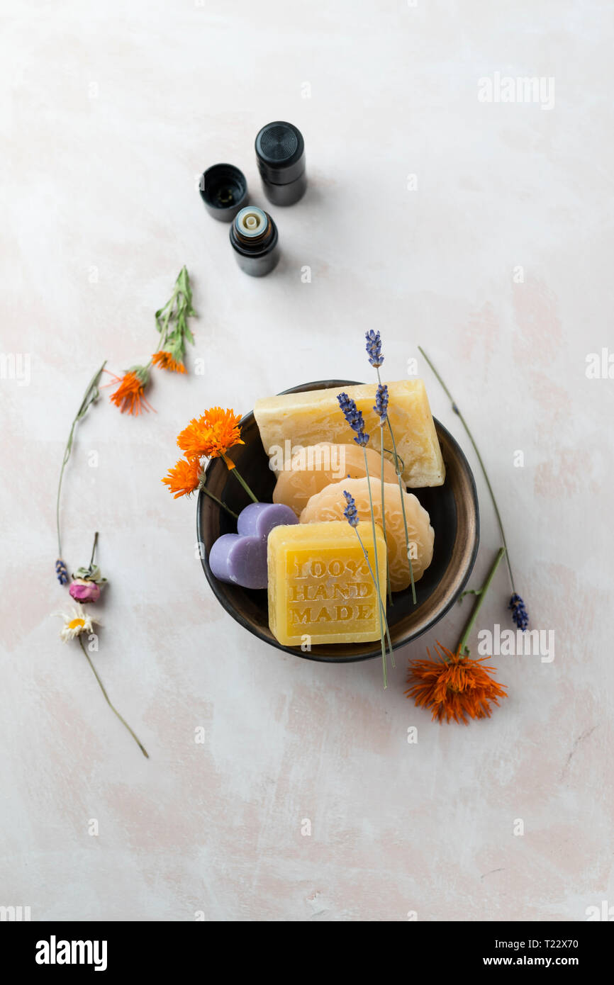Various glycerin soaps with caustic soda Stock Photo
