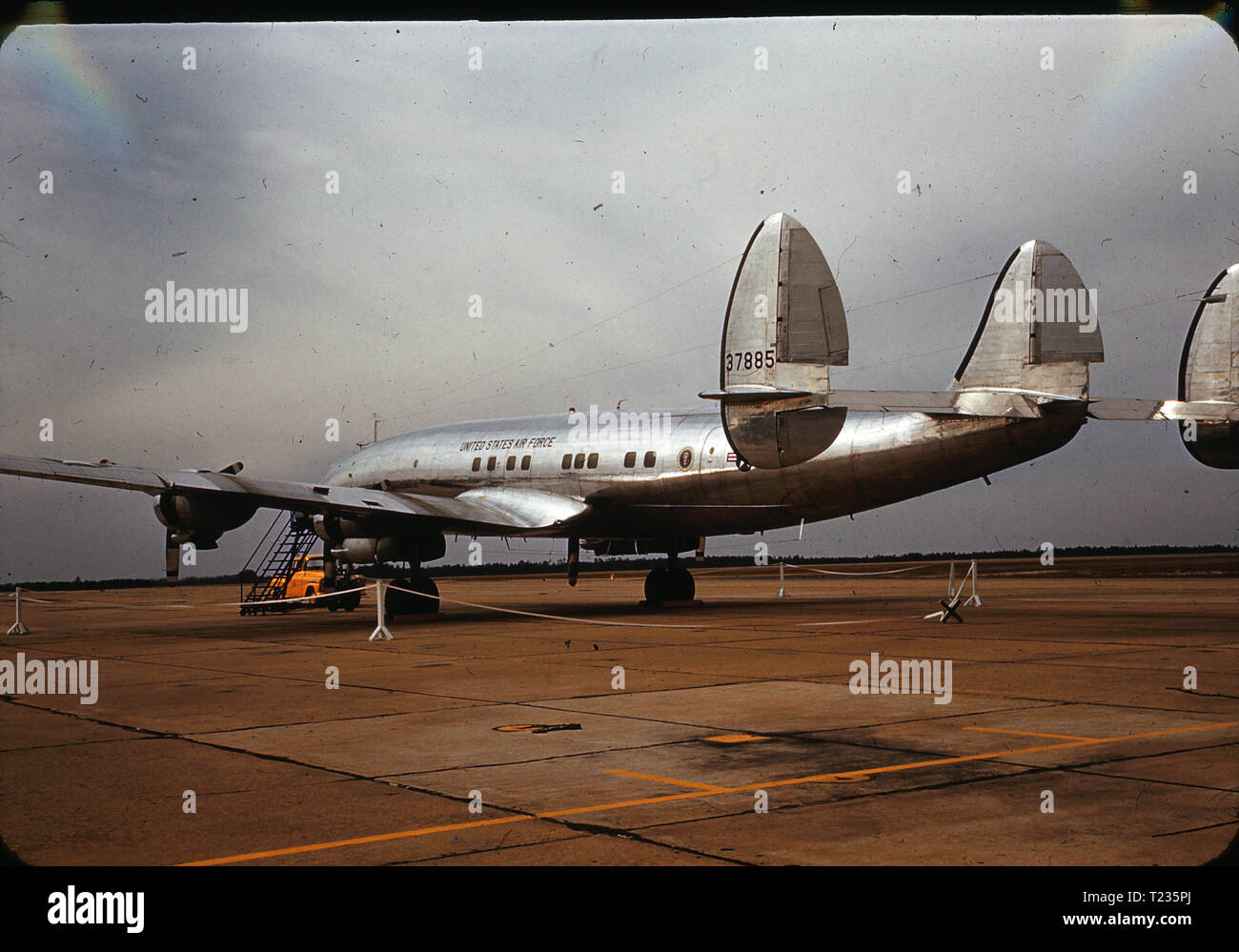 Dwight Eisenhower's presidential aircraft, Columbine III, at Spence Air Base, Moultrie, GA, in February 1959. Eisenhower used the Lockeed Constellation from 1954 to 1961. Columbine III was Eisenhower's third aircraft and the second plane to utilize the moniker Air Force One. In 1966 the Air Force retired the plane and moved it to the National Museum of the US Air Force at Wright-Patterson AFB, where it is still on display. Stock Photo