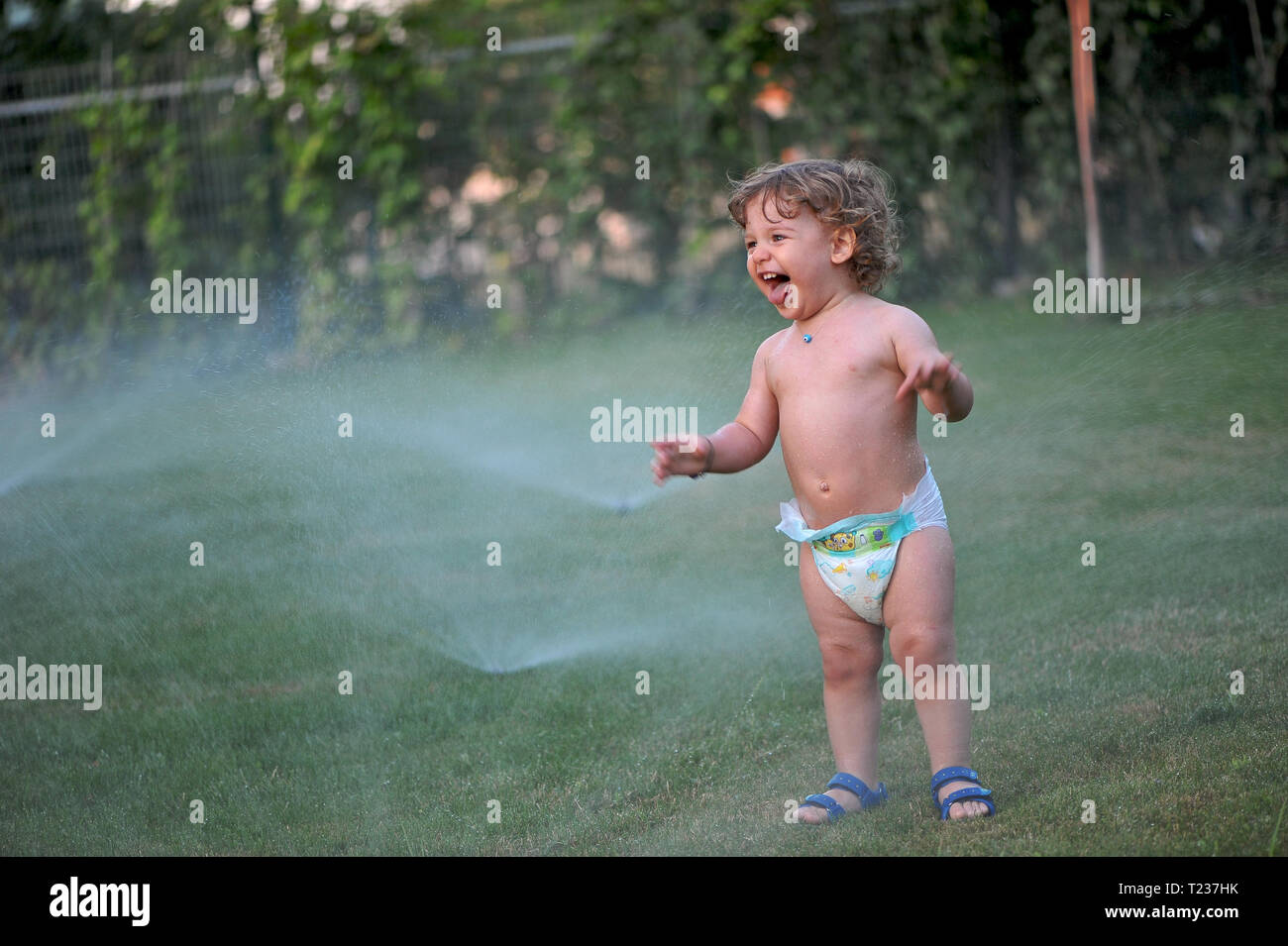 Baby getting wet on a garden in summer Stock Photo - Alamy