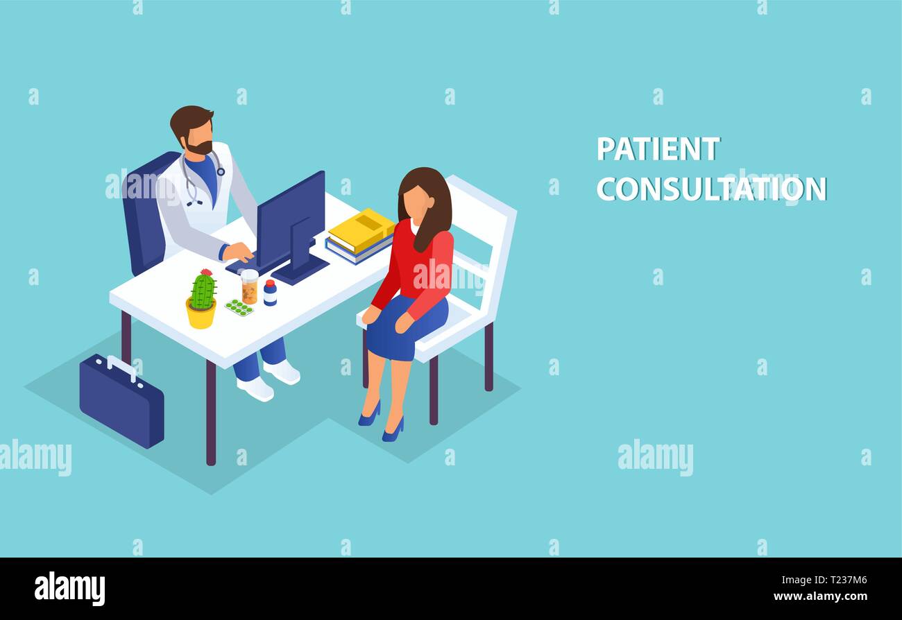 Annual appointment and healthcare concept. Isometric vector of a doctor consulting a female patient in clinic office. Stock Vector
