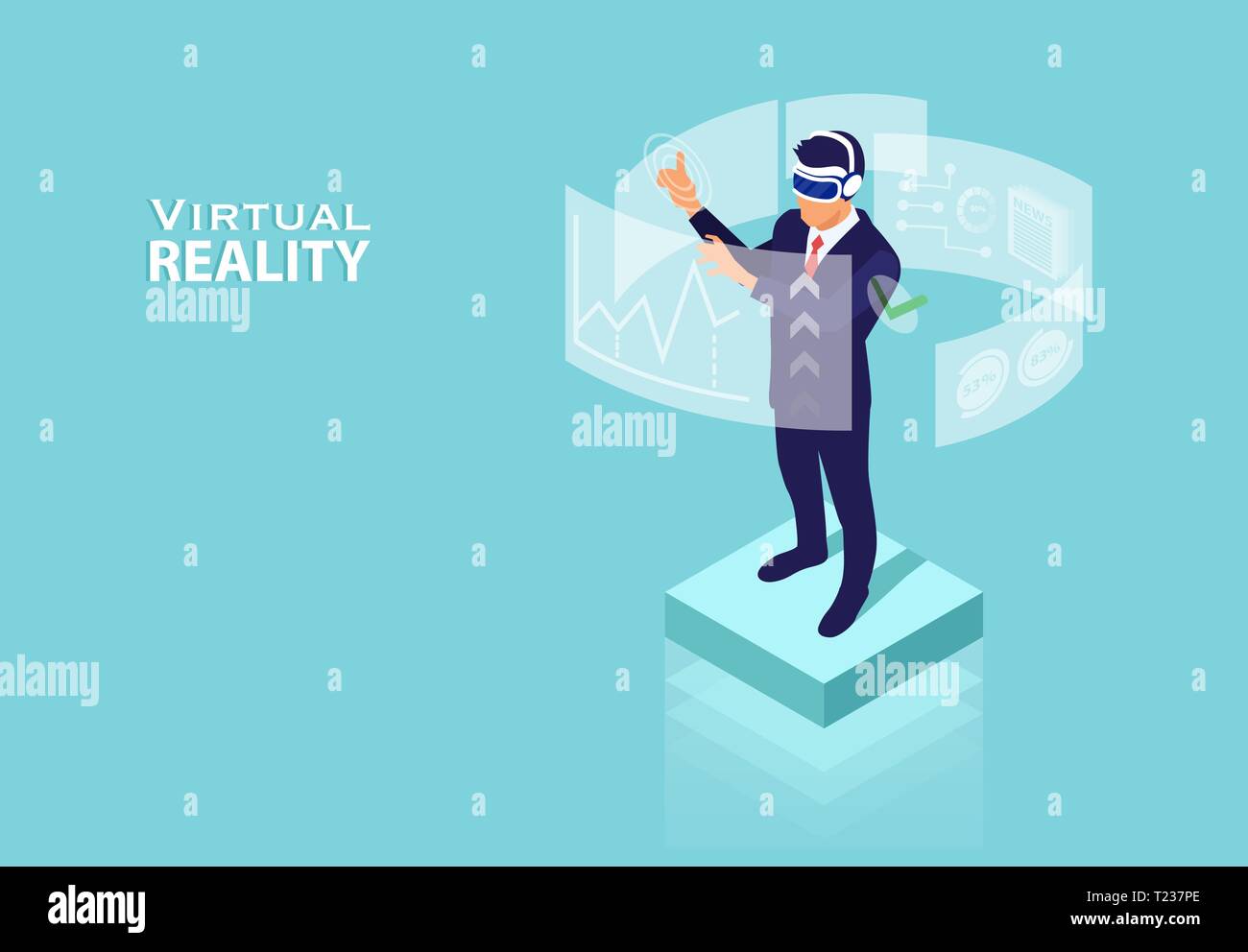 Augmented reality concept. Vector of a businessman using virtual reality technology for financial data analysis and efficient time management. Stock Vector