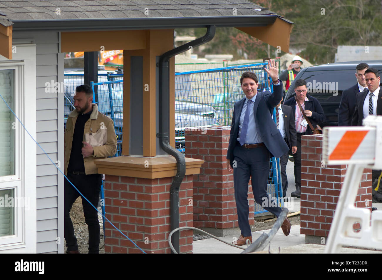 Canadian Prime Minister Justin Trudeau arriving in Maple Ridge to address the media about affordable housing. Stock Photo