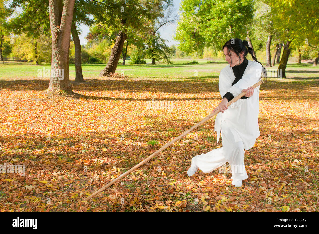 Female martial arts master practicing with wooden staff in autumn coloured park. Stock Photo