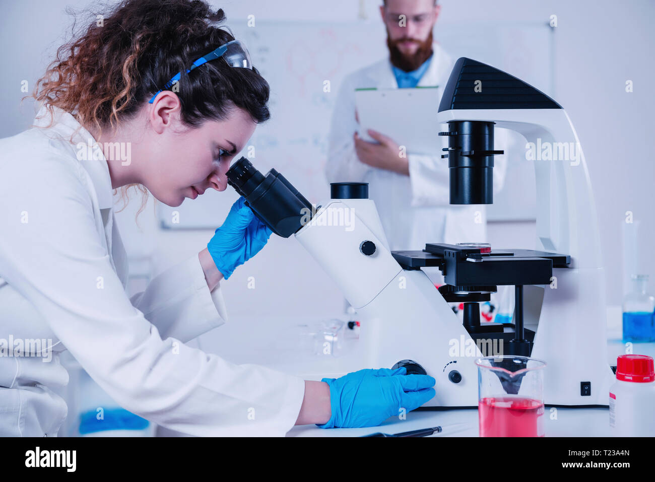 Young female scientist doing test in laboratory, male scientist standing behind. Stock Photo