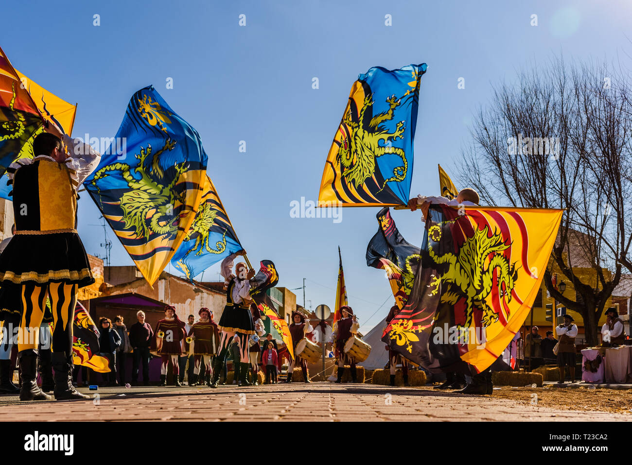 Through Ing Flags Valencia, Spain- January 27, 2019: Italian Flags-wavers, Sbandieratori ...