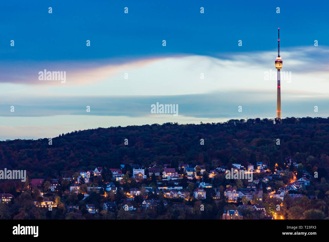 Germany, Stuttgart, cityscape with TV tower mansion district at ...