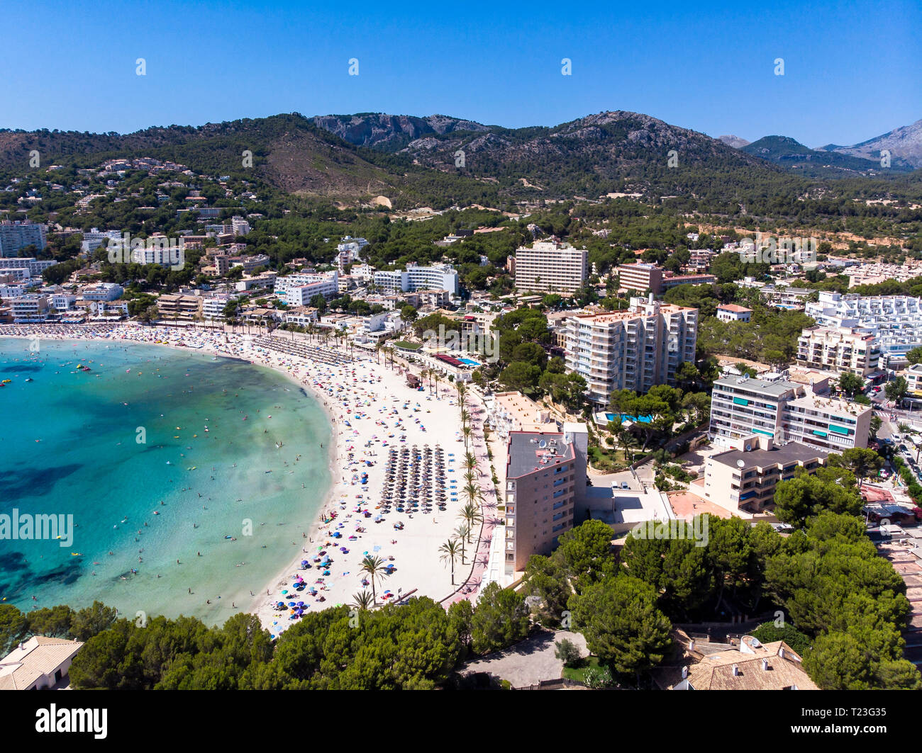 Spain, Balearic Islands, Mallorca, Region Calvia, Costa de la Calma, Peguera, Aerial view of beach with hotels Stock Photo