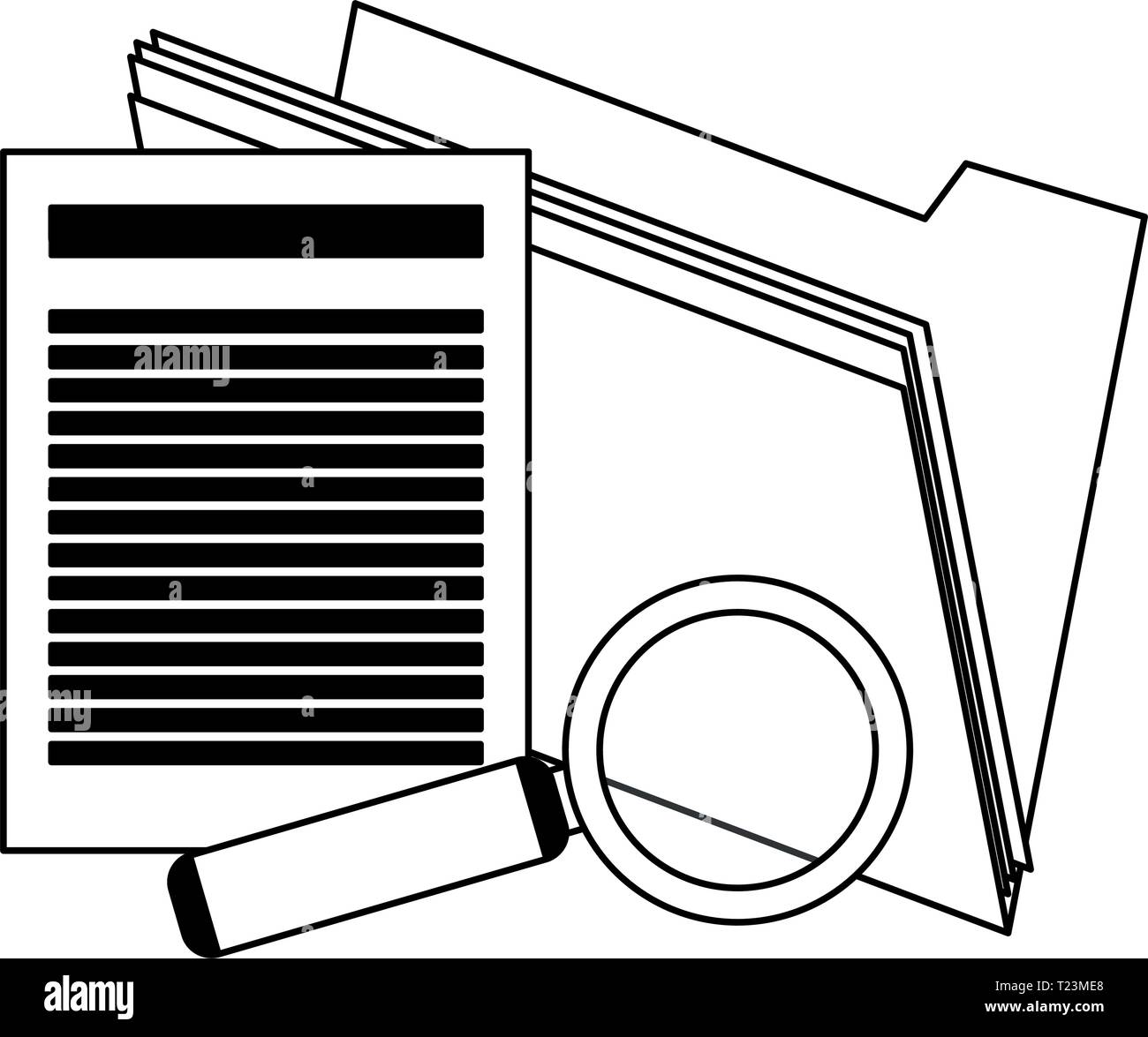 Office folder and document with magnifying glass in black and white ...