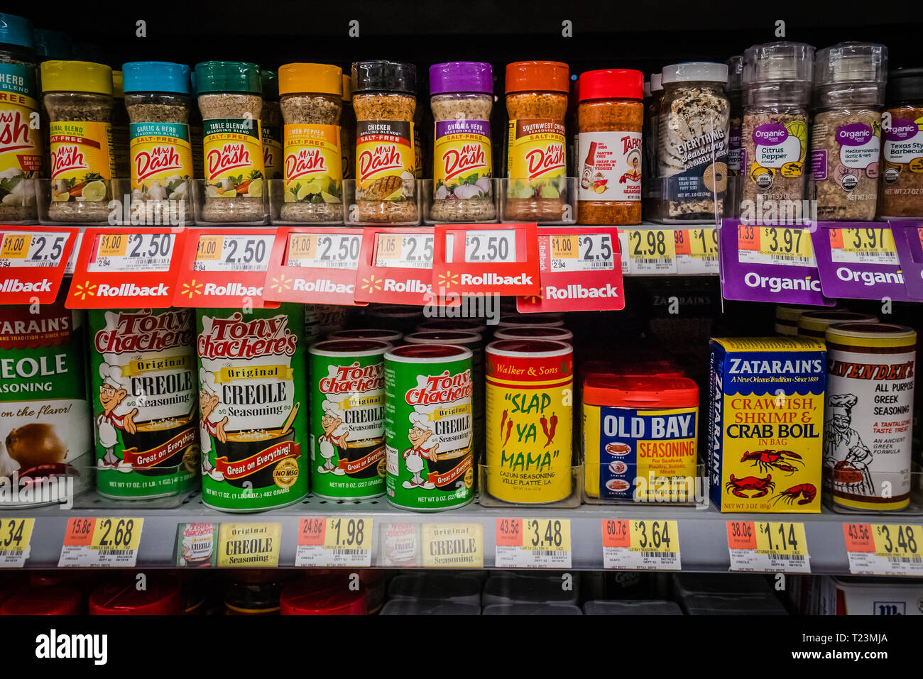 spices and seasoning mixes on a supermarket shelf in the us Stock Photo