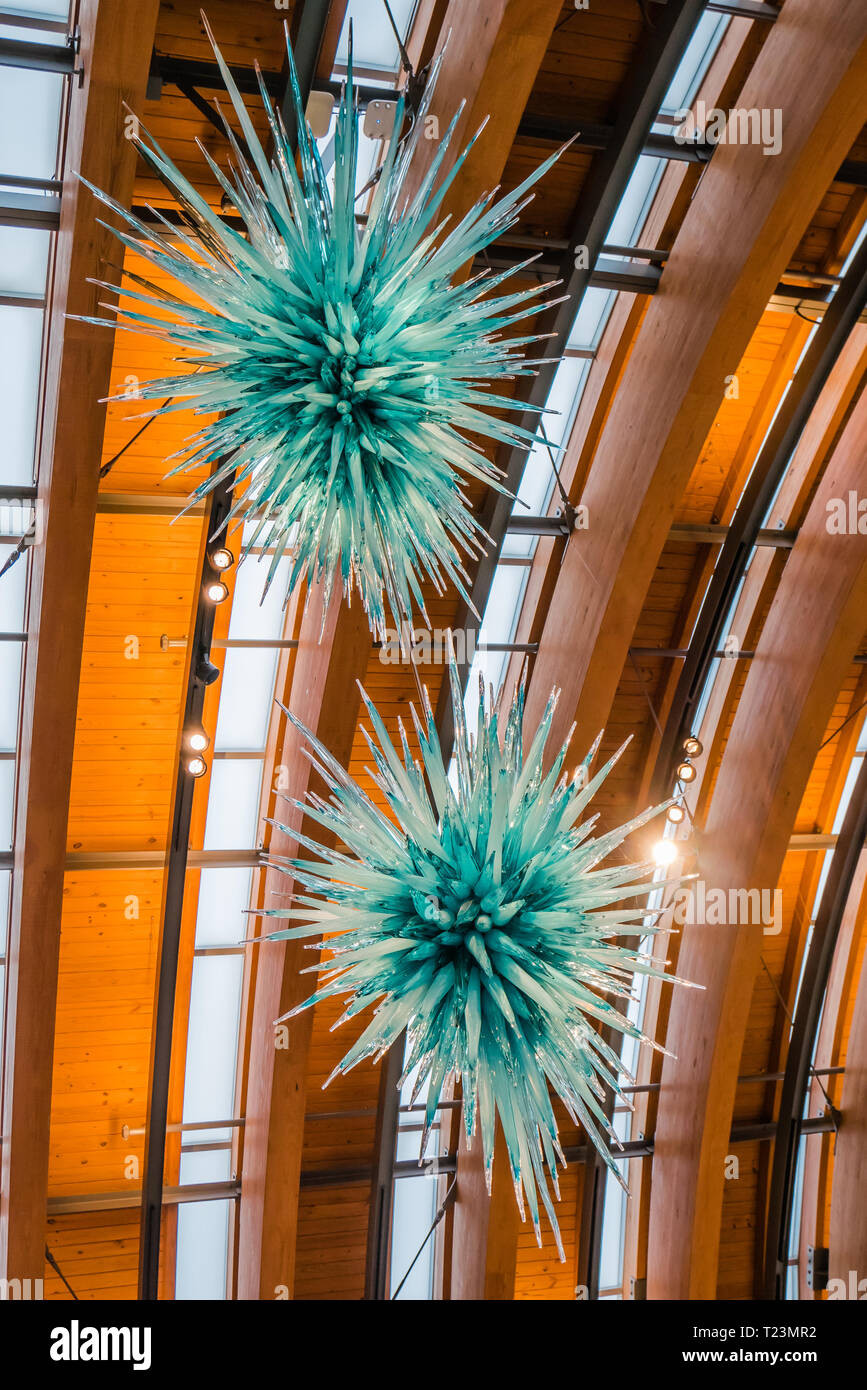 green crystal structure hanging from the top of the celing of crystal bridge museum Stock Photo