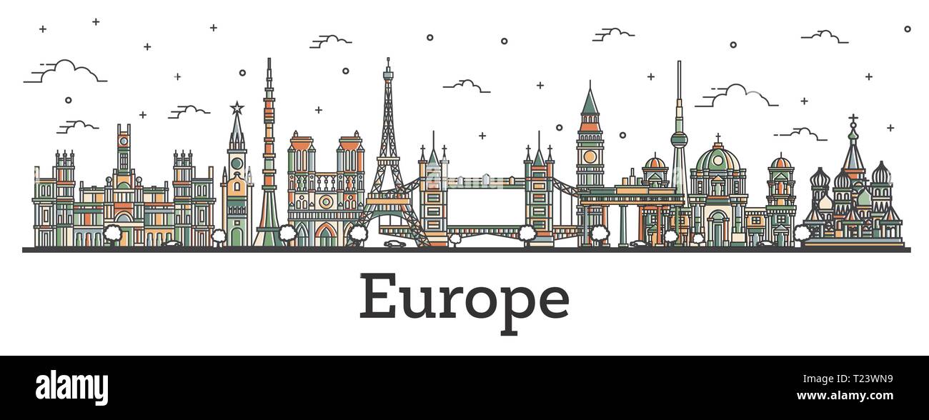 Outline Color Famous Landmarks in Europe. Vector Illustration. Business Travel and Tourism Concept. Paris, London, Berlin, Moscow, Madrid. Stock Vector
