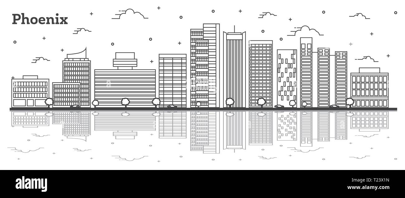 Outline Phoenix Arizona City Skyline with Modern Buildings and Reflections Isolated on White. Vector Illustration. Stock Vector