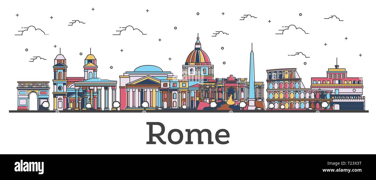Outline Rome Italy City Skyline with Color Buildings Isolated on White. Vector Illustration. Rome Cityscape with Landmarks. Stock Vector