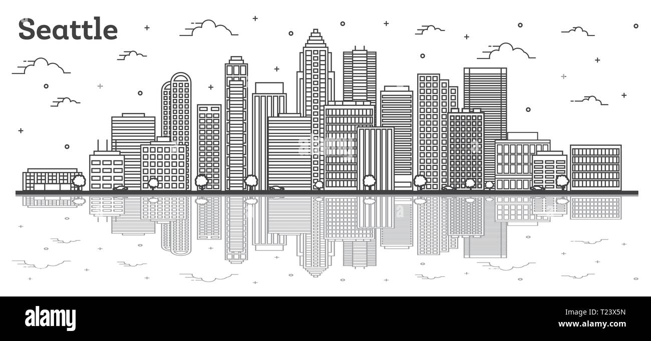 Outline Seattle Washington City Skyline with Modern Buildings and Reflections Isolated on White. Vector Illustration. S Stock Vector