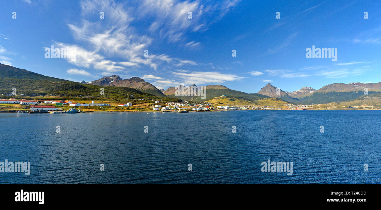 Ushuaia, the southernmost city in the world, Beagle Channel and Andes mountain range rising above, Ushuaia, Tierra del Fuego, Argentina Stock Photo