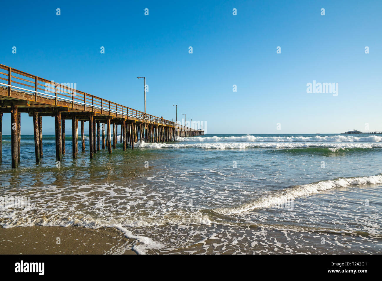 Pacific Ocean and Long Wooden Pier, Avila Beach, California Stock Photo