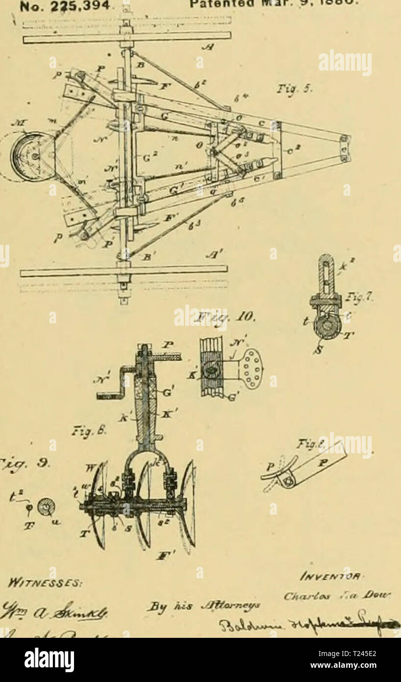 Archive image from page 244 of Digest of agricultural implements, patented Digest of agricultural implements, patented in the United States from A.D. 1789 to July 1881 ..  digestofagricult02alle Year: 1886  CULTIVATORSDISK, C. L» DOW. Wheel-Harrow. Patented Mar. 9, 1880.    No. 225,526 Patented Mar 16 . 1880  yf-Q,. Stock Photo