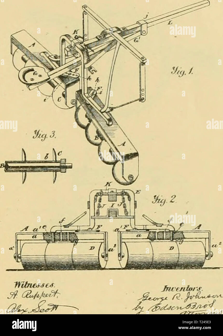 Archive image from page 244 of Digest of agricultural implements, patented Digest of agricultural implements, patented in the United States from A.D. 1789 to July 1881 ..  digestofagricult02alle Year: 1886  No. 225,526 Patented Mar 16 . 1880  yf-Q,.    Jnvtniors- C. La DOW. Combined Seeder and Caltivator No. 226.233. Patented April 6. 18 0. La DOW Combined Seeder and Cultivator No. 226,233. Patented April o. 1880. Stock Photo