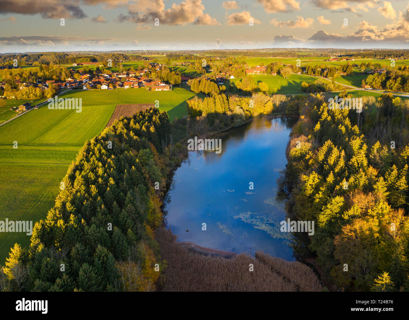 Germany, Bavaria, Thanning, Thanninger Weiher near Egling, drone view Stock Photo