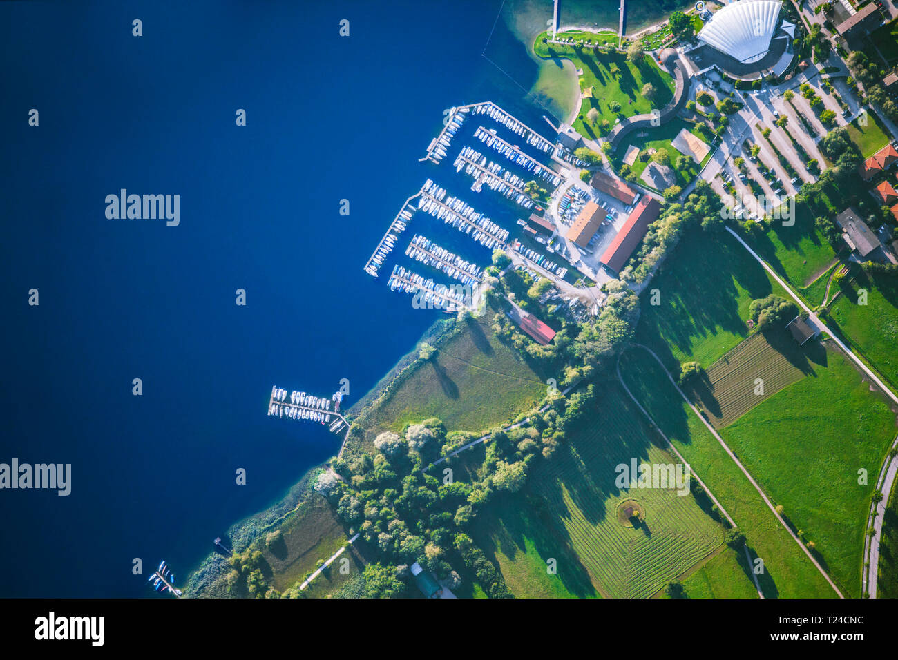 Germany, Bavaria, Chiemgau, Aerial view of Lake Chiemsee, Prien, harbour, swimming bath Stock Photo