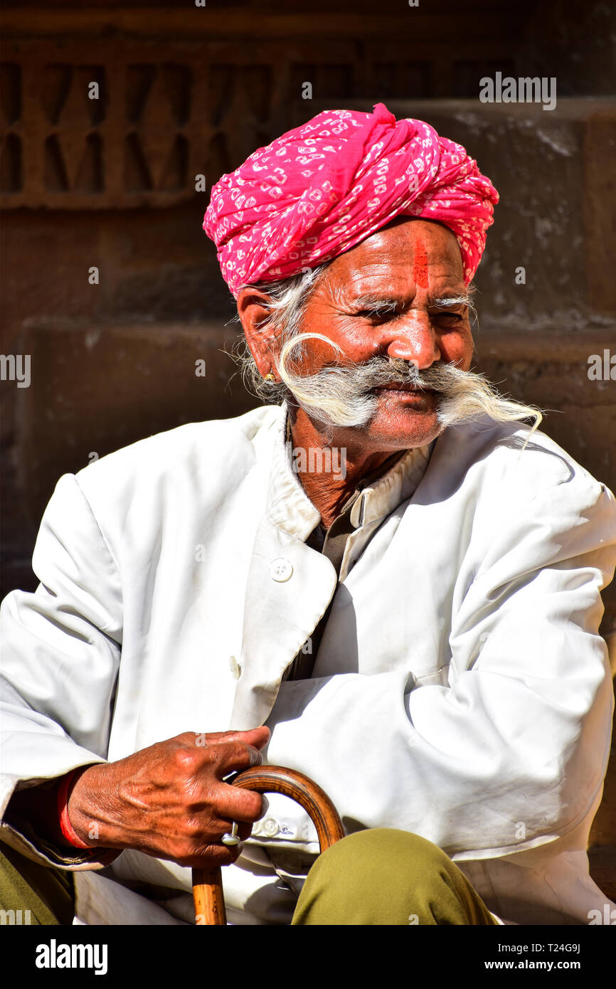 Old Indian Man with Moustache & Turban, Jaisalmer Fort, Jaisalmer, Rajasthan, India Stock Photo