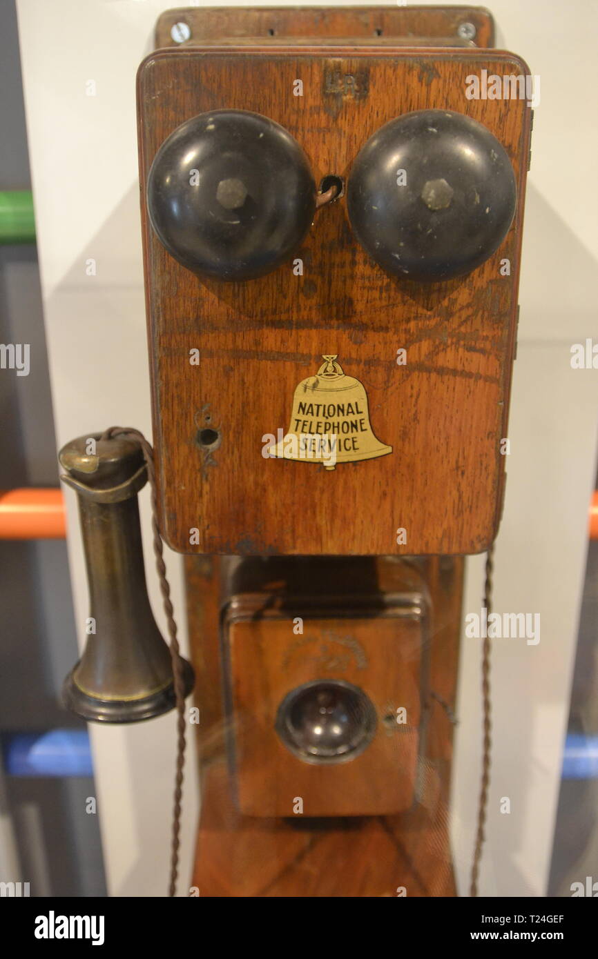 National Telephone Service old fashioned telephone in the Connected Earth Exhibition at the Milton Keynes Museum, Wolverton, Buckinghamshire, UK Stock Photo