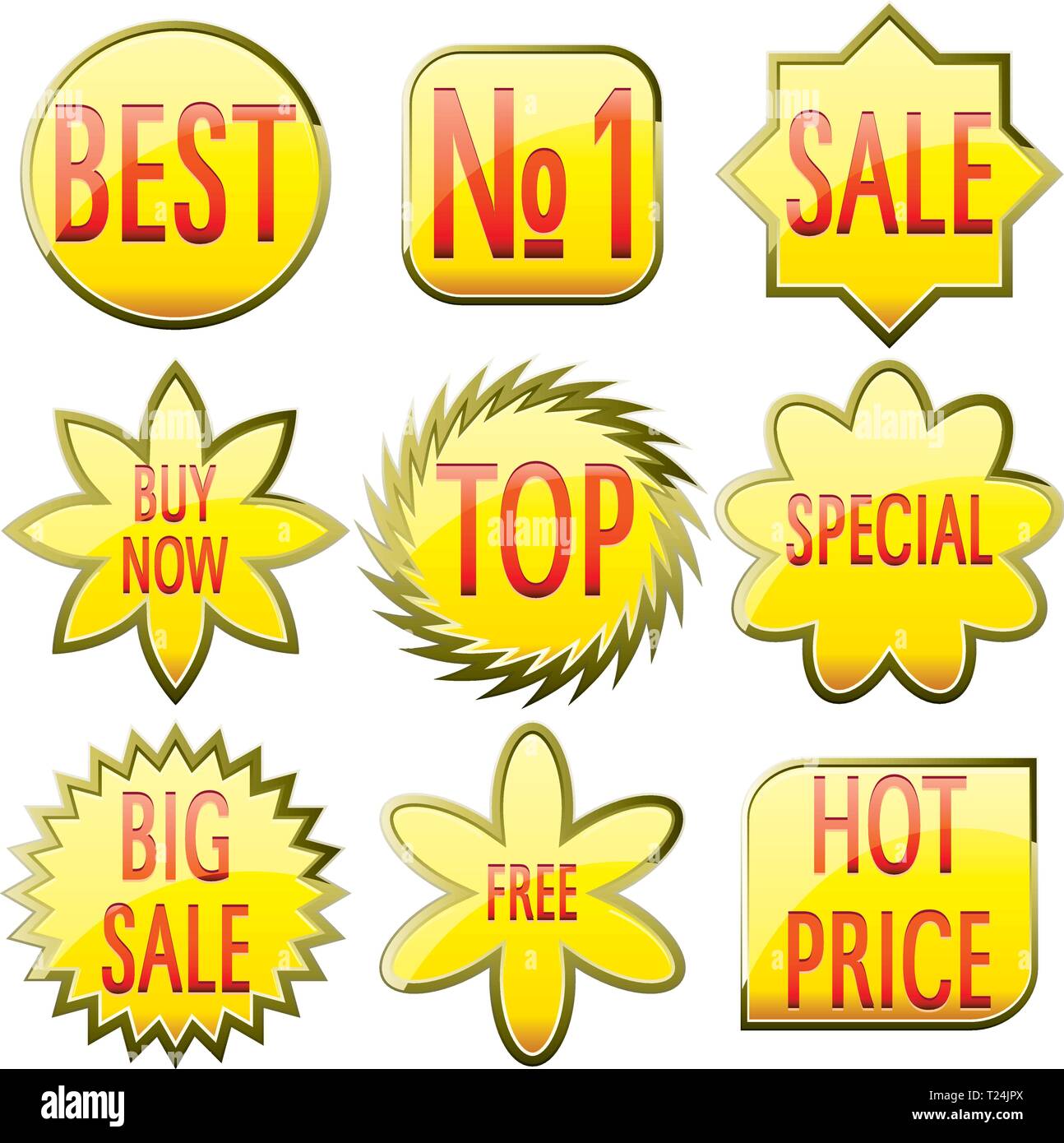 Set of shiny yellow glass sale buttons with red text, vector illustration Stock Vector