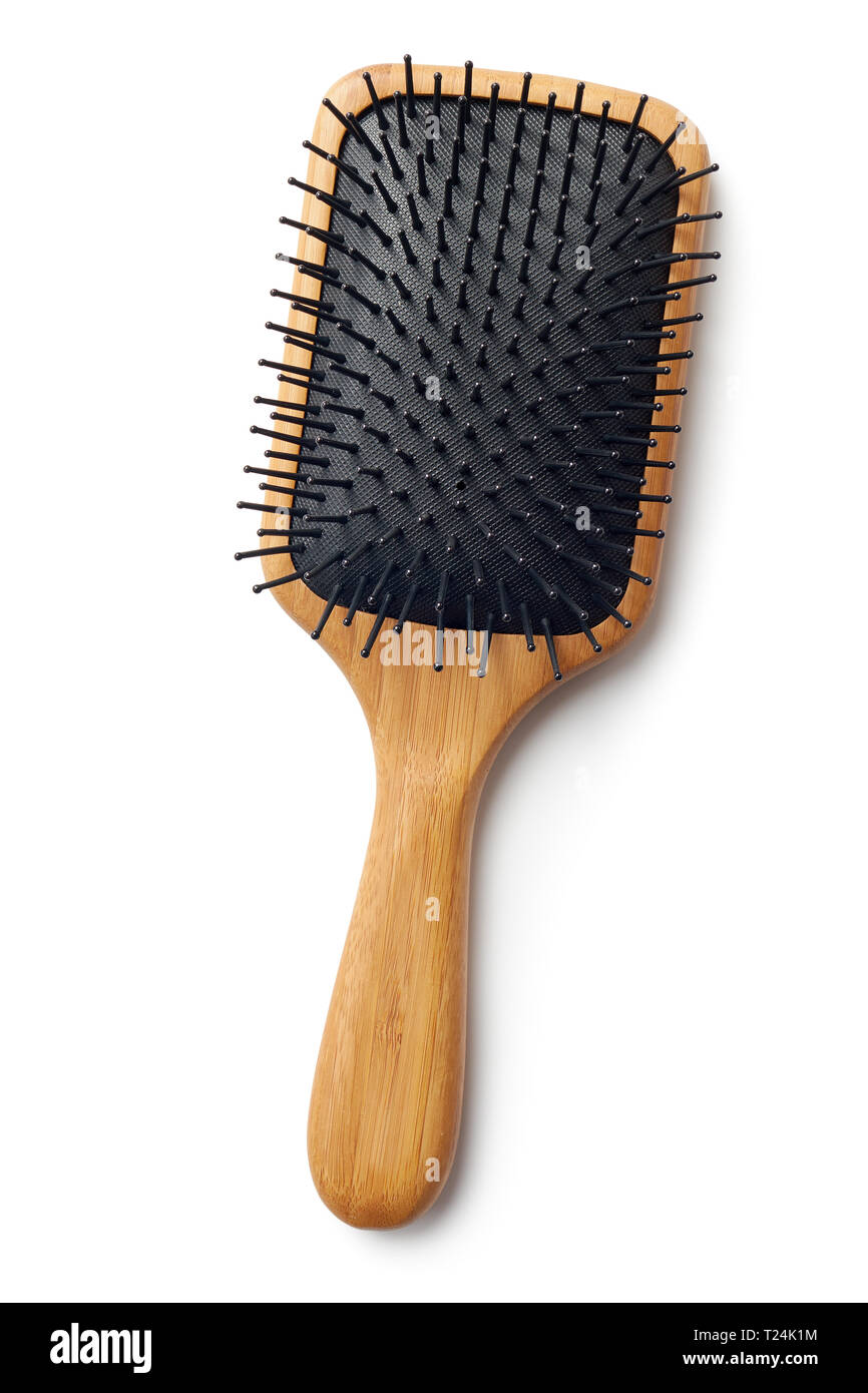 Bamboo Paddle Hair Brush On White Background Stock Photo