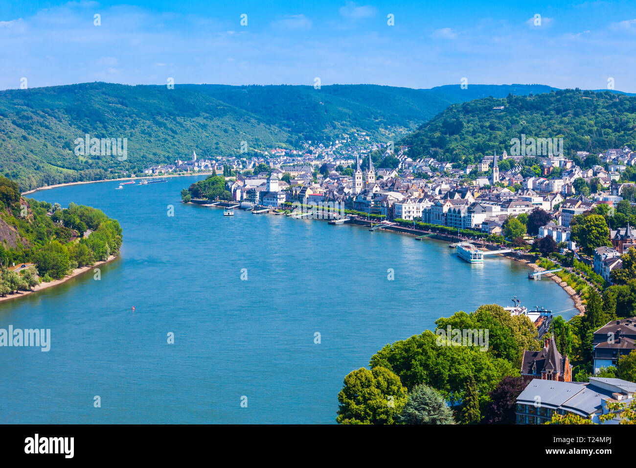 Boppard town aerial panoramic view from Gedeonseck viewpoint. Boppard is the town in the Rhine valley in Germany. Stock Photo