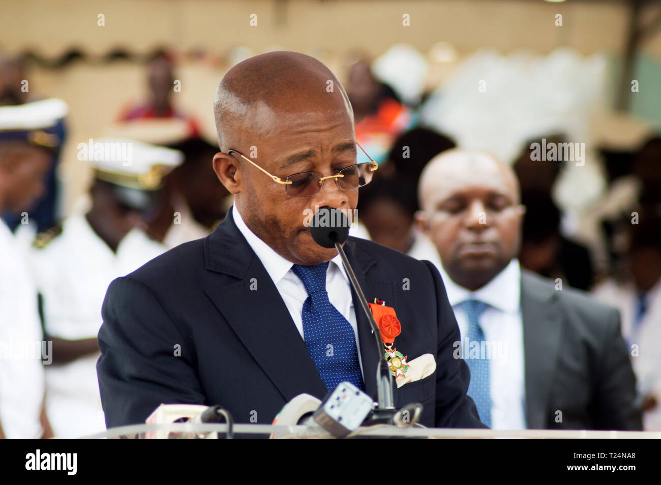 Abidjan, Cote d'Ivoire - August 3, 2017: Congratulatory address to end-cycle extenders of the representative of the sponsor of the ceremony the Presid Stock Photo